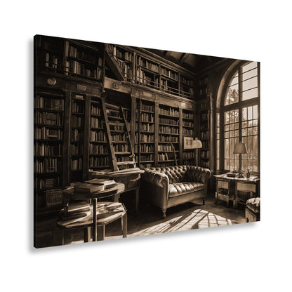 Leinwandbild Bibliothek XXL – Gemütlich mit Lederecke und warmem Licht - deyoli