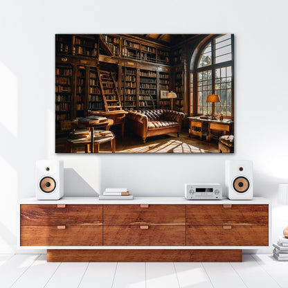 Leinwandbild Bibliothek XXL – Gemütlich mit Lederecke und warmem Licht - deyoli