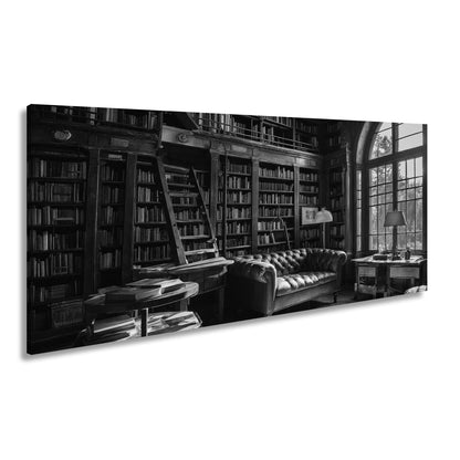 Leinwandbild Bibliothek XXL – Gemütlich mit Lederecke und warmem Licht - deyoli