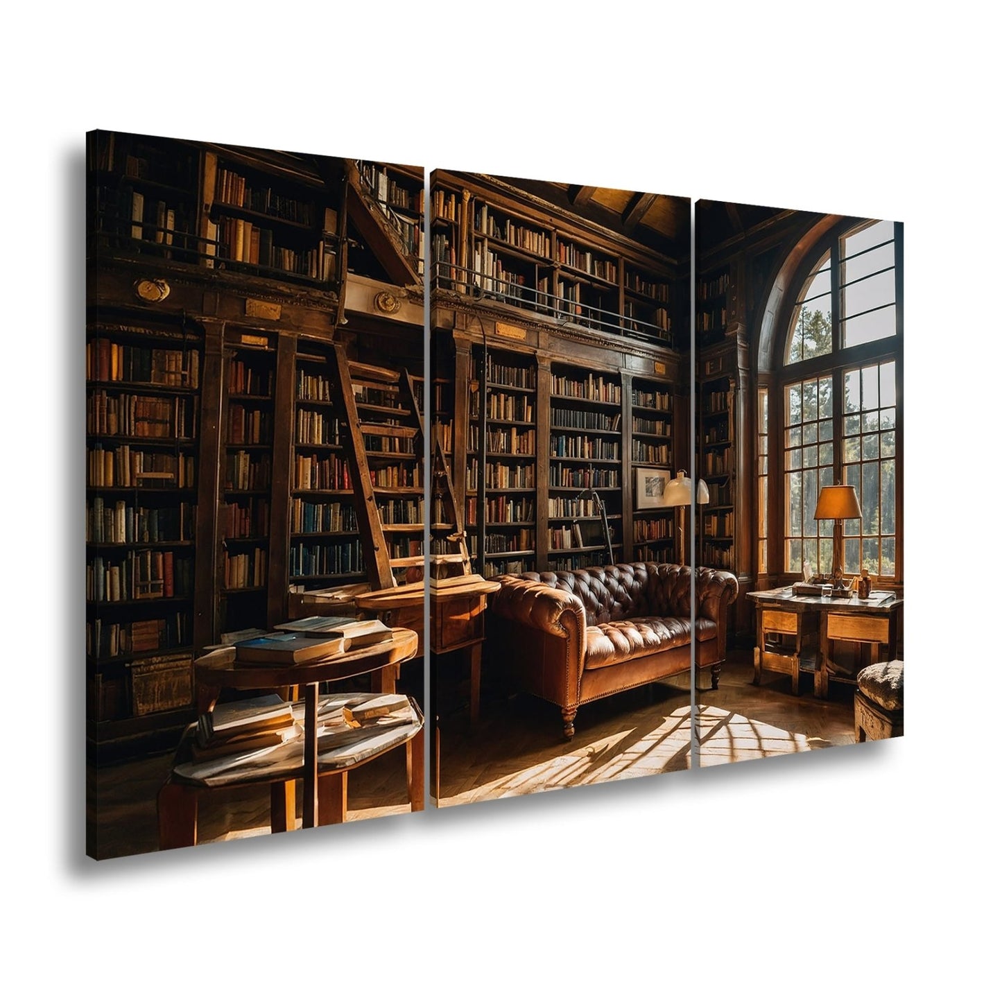 Leinwandbild Bibliothek XXL – Gemütlich mit Lederecke und warmem Licht - deyoli
