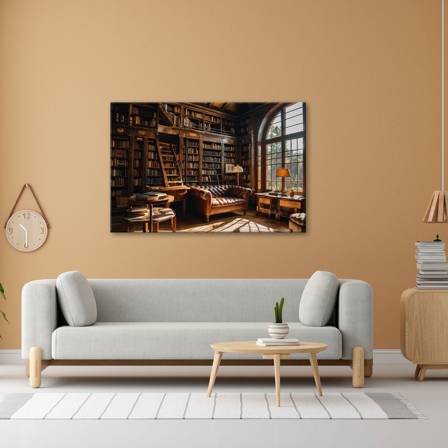 Leinwandbild Bibliothek XXL – Gemütlich mit Lederecke und warmem Licht - deyoli