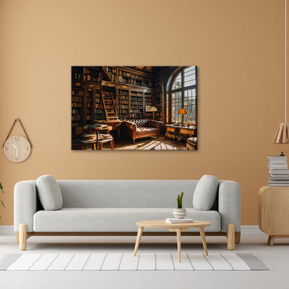 Leinwandbild Bibliothek XXL – Gemütlich mit Lederecke und warmem Licht - deyoli