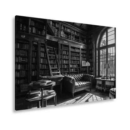 Leinwandbild Bibliothek XXL – Gemütlich mit Lederecke und warmem Licht - deyoli