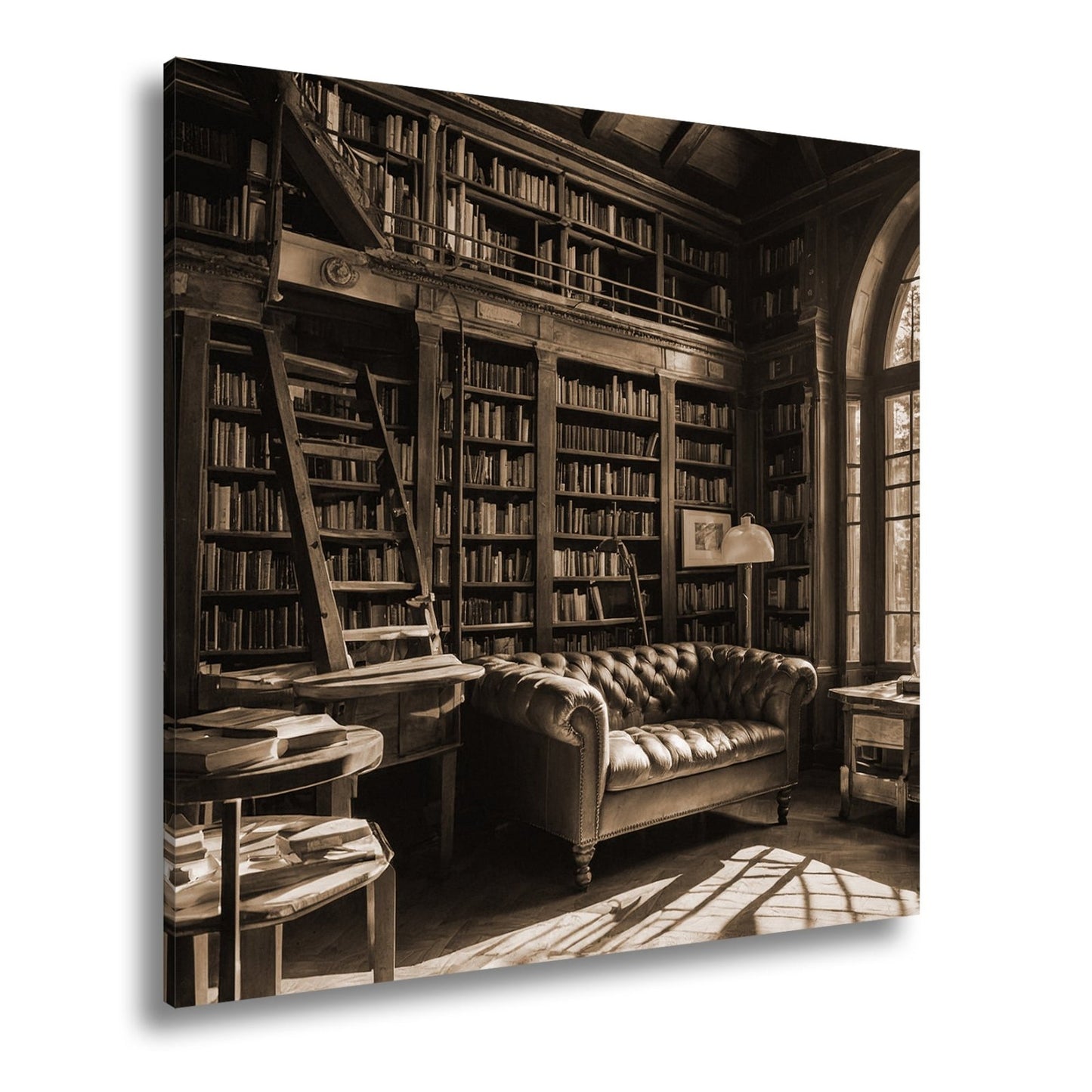 Leinwandbild Bibliothek XXL – Gemütlich mit Lederecke und warmem Licht - deyoli