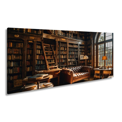 Leinwandbild Bibliothek XXL – Gemütlich mit Lederecke und warmem Licht - deyoli