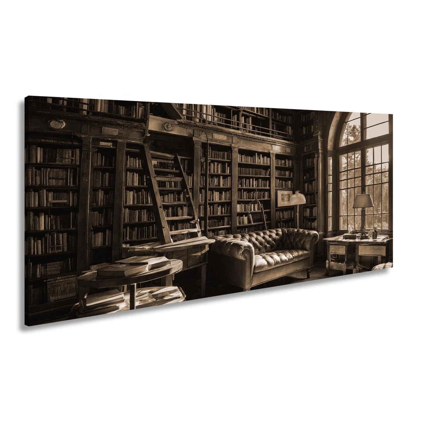 Leinwandbild Bibliothek XXL – Gemütlich mit Lederecke und warmem Licht - deyoli