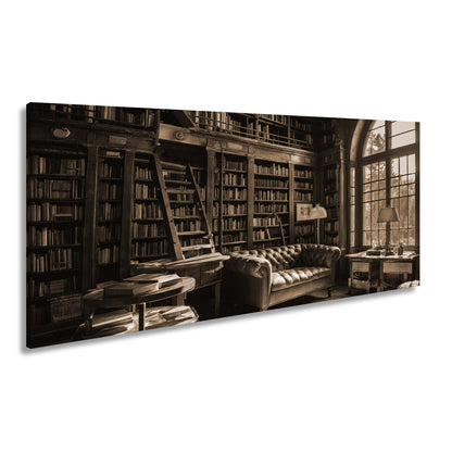 Leinwandbild Bibliothek XXL – Gemütlich mit Lederecke und warmem Licht - deyoli