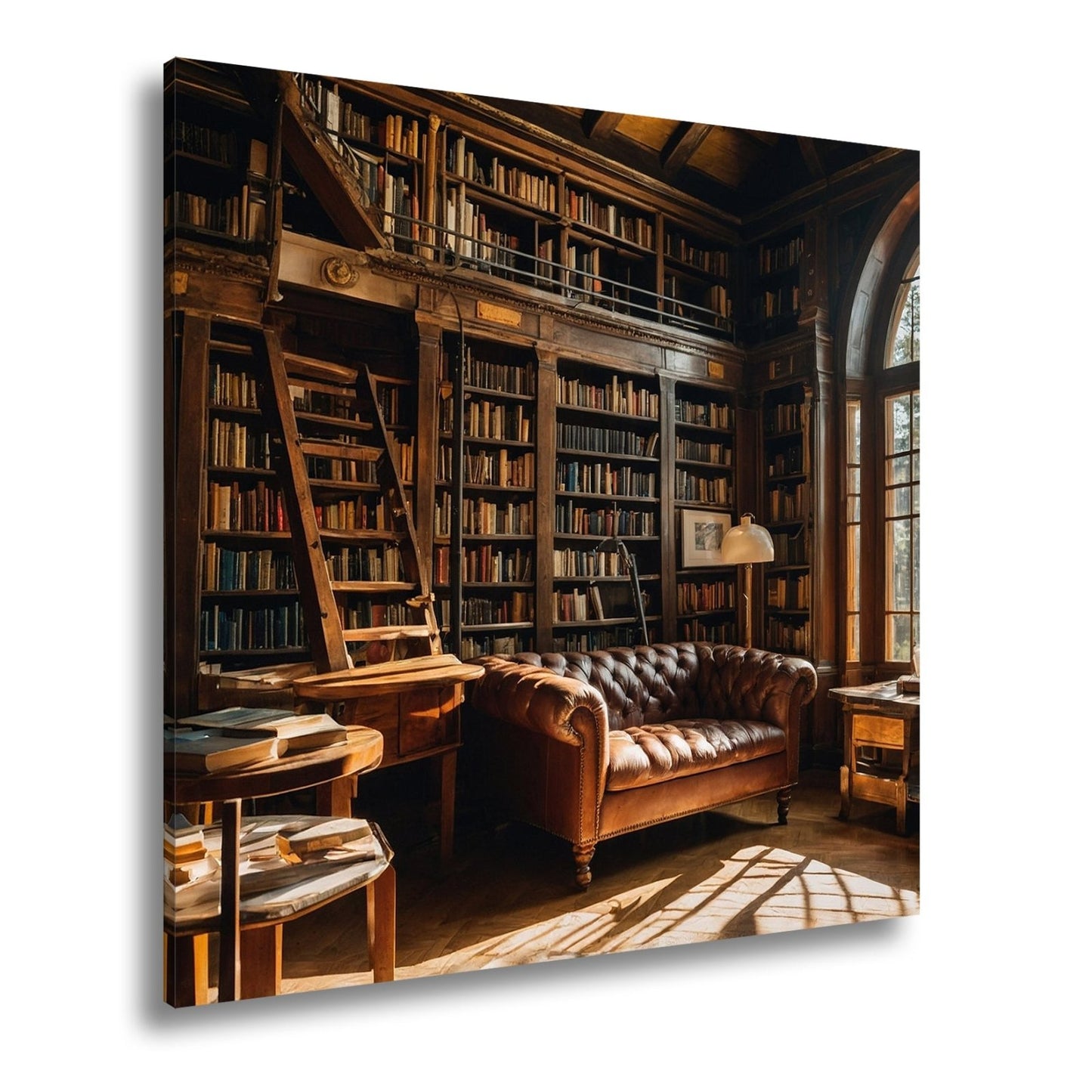 Leinwandbild Bibliothek XXL – Gemütlich mit Lederecke und warmem Licht - deyoli