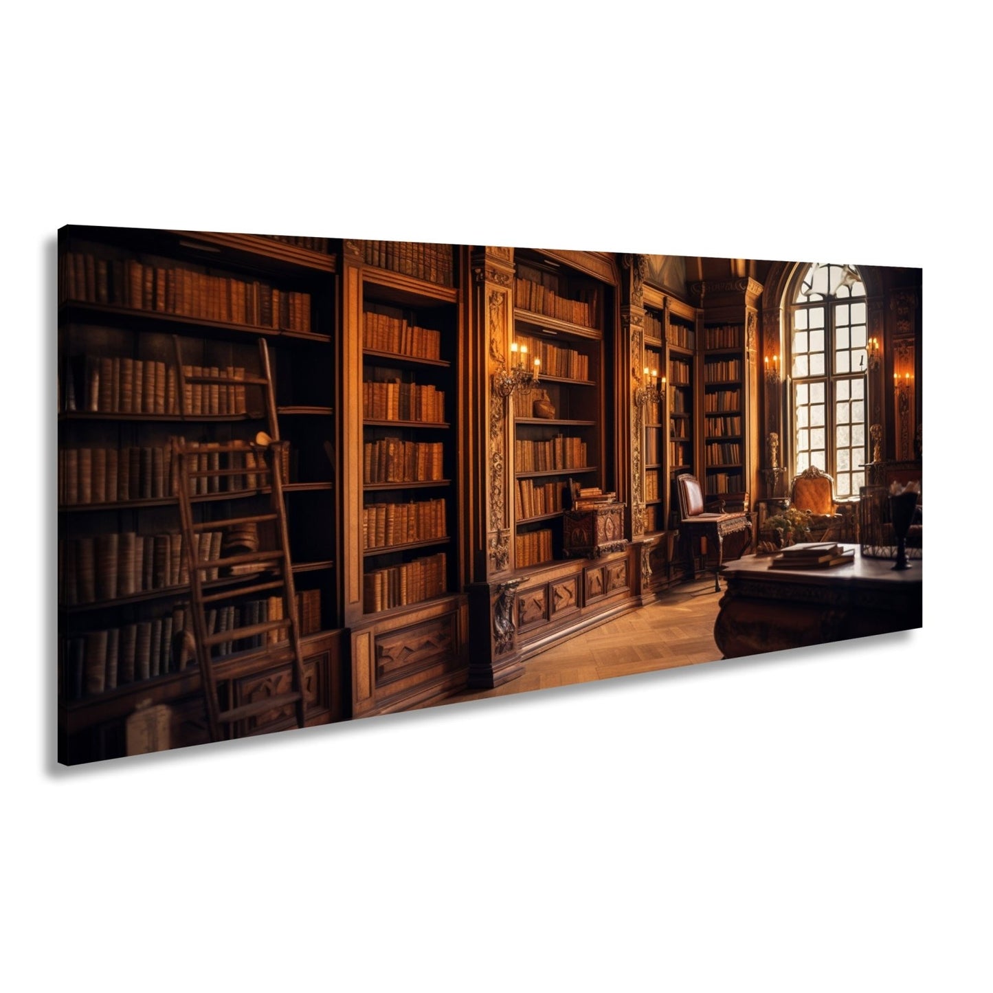 Leinwandbild Bibliothek XXL – Prächtige Halle voller golden schimmernder Bücher - deyoli