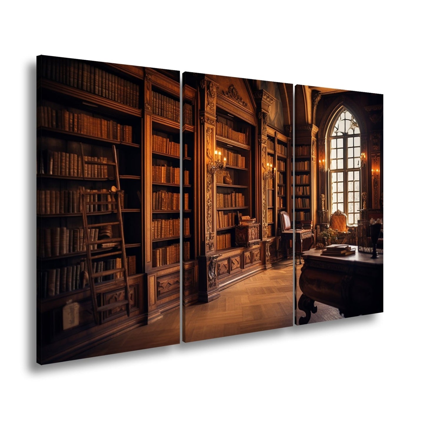 Leinwandbild Bibliothek XXL – Prächtige Halle voller golden schimmernder Bücher - deyoli