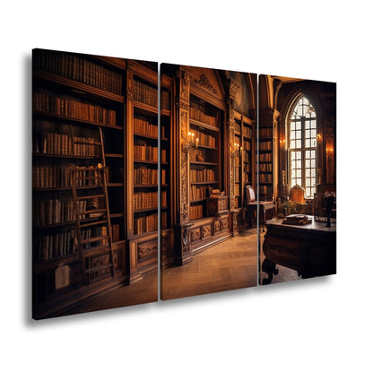 Leinwandbild Bibliothek XXL – Prächtige Halle voller golden schimmernder Bücher - deyoli