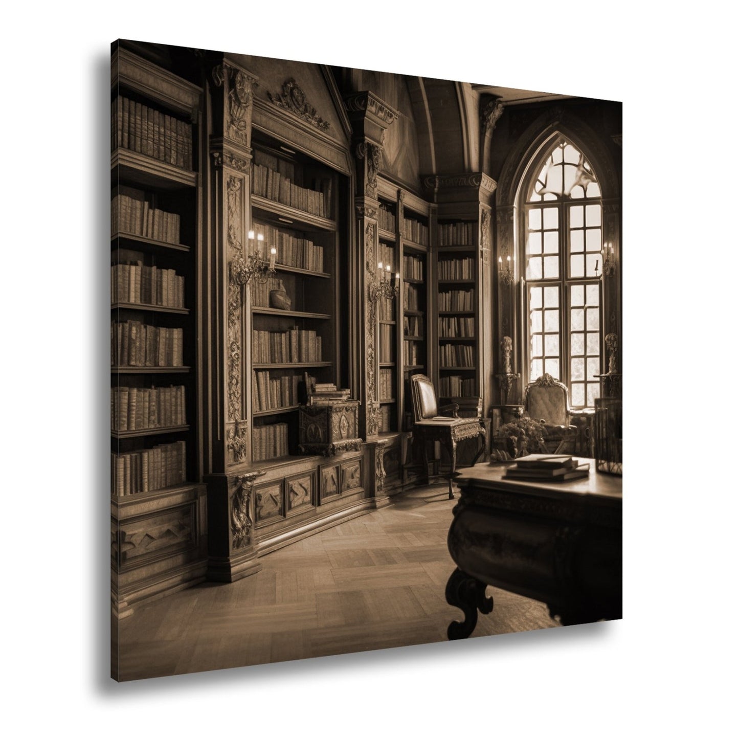 Leinwandbild Bibliothek XXL – Prächtige Halle voller golden schimmernder Bücher - deyoli