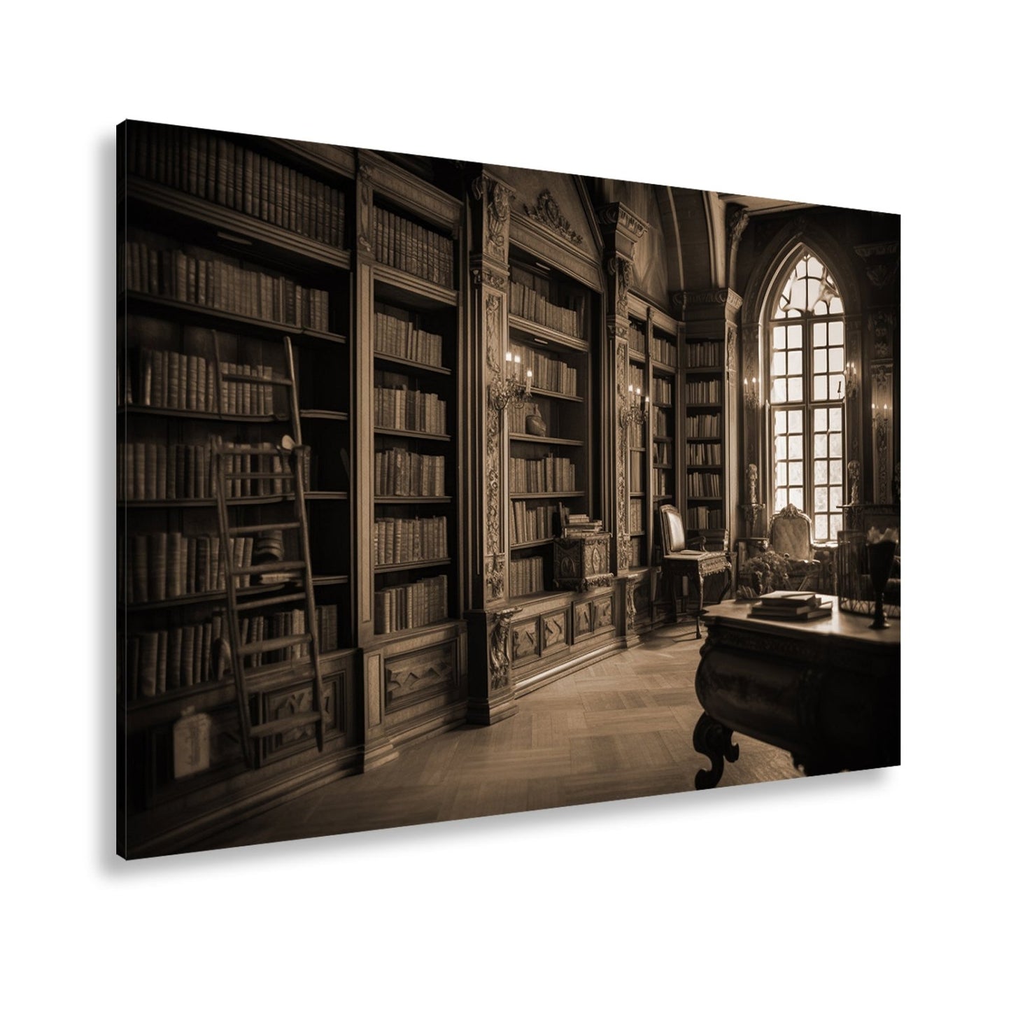 Leinwandbild Bibliothek XXL – Prächtige Halle voller golden schimmernder Bücher - deyoli
