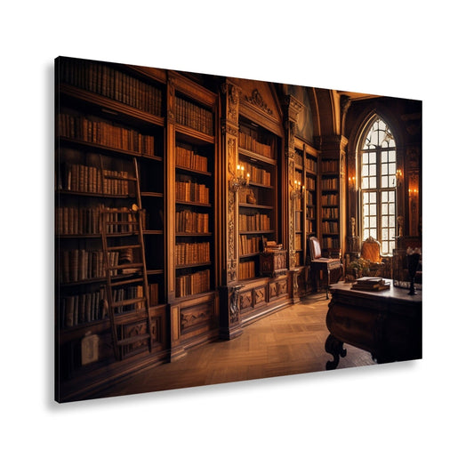 Leinwandbild Bibliothek XXL – Prächtige Halle voller golden schimmernder Bücher - deyoli