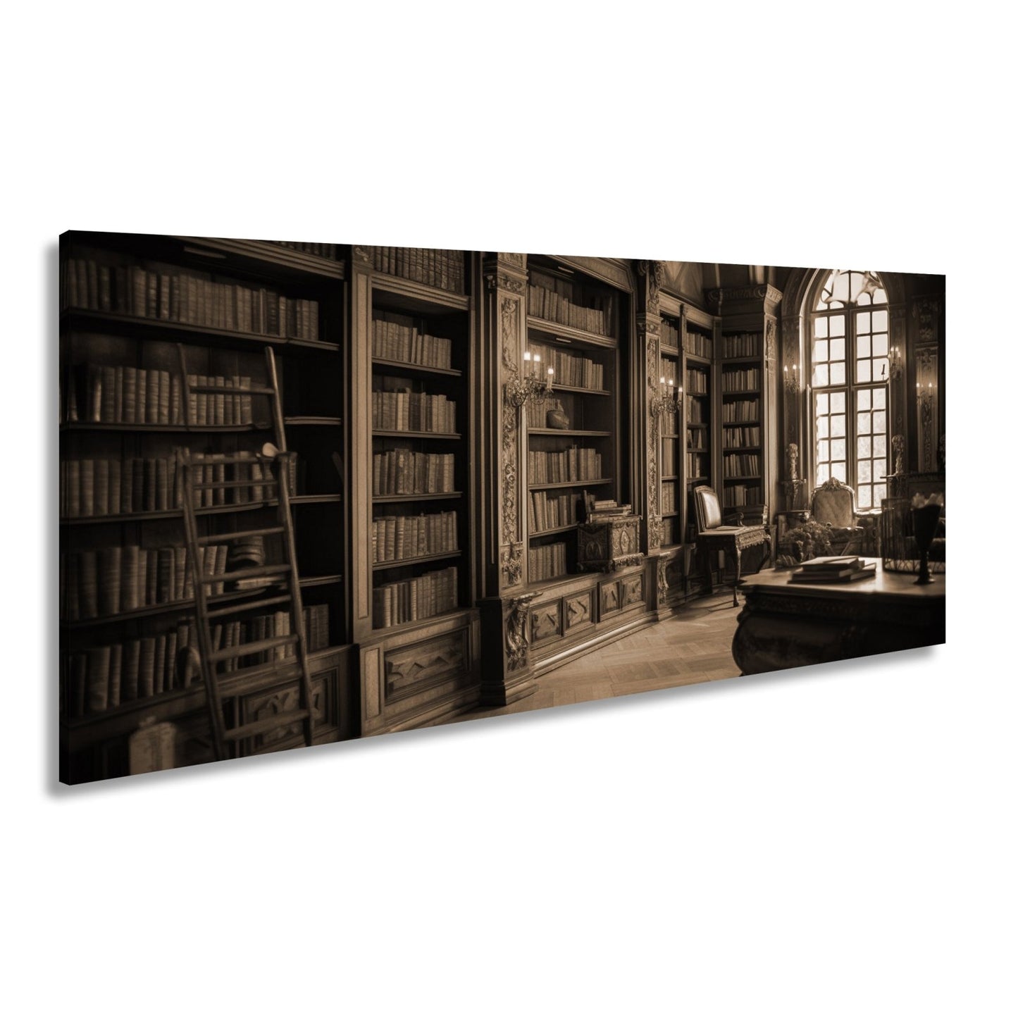 Leinwandbild Bibliothek XXL – Prächtige Halle voller golden schimmernder Bücher - deyoli