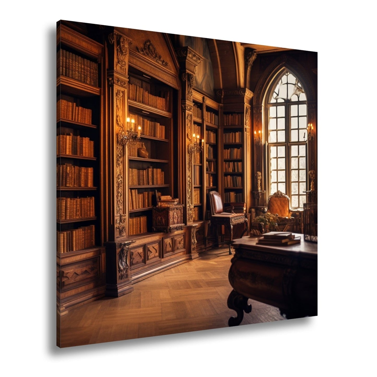 Leinwandbild Bibliothek XXL – Prächtige Halle voller golden schimmernder Bücher - deyoli