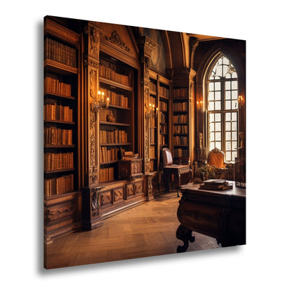 Leinwandbild Bibliothek XXL – Prächtige Halle voller golden schimmernder Bücher - deyoli