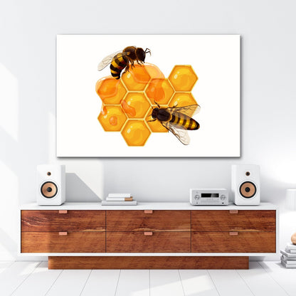 Leinwandbild Bienen sammeln goldenen Honig auf funkelnden Waben - deyoli