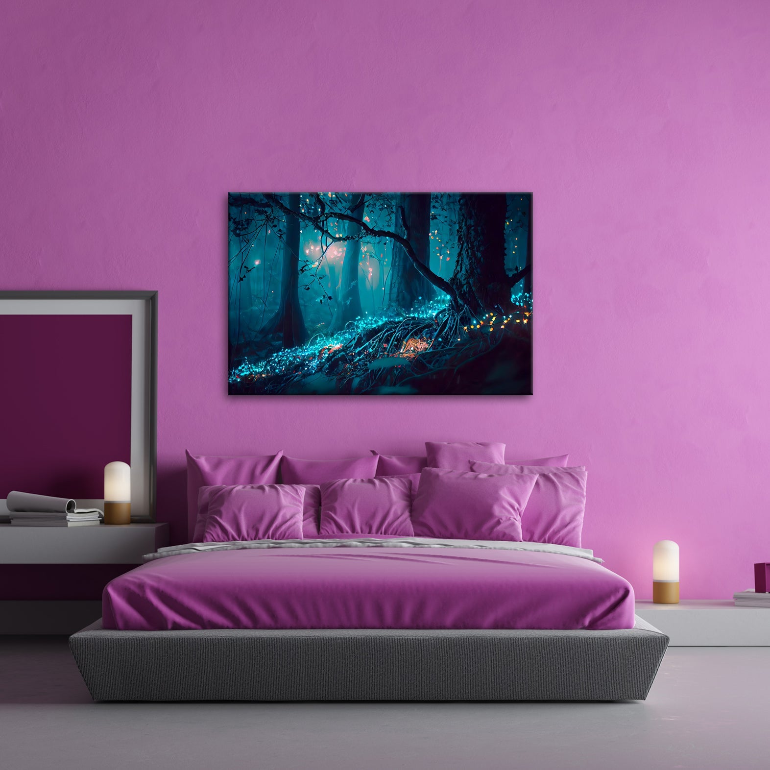 Leinwandbild Biolumineszenter Wald – Leuchtende Magie XXL - deyoli