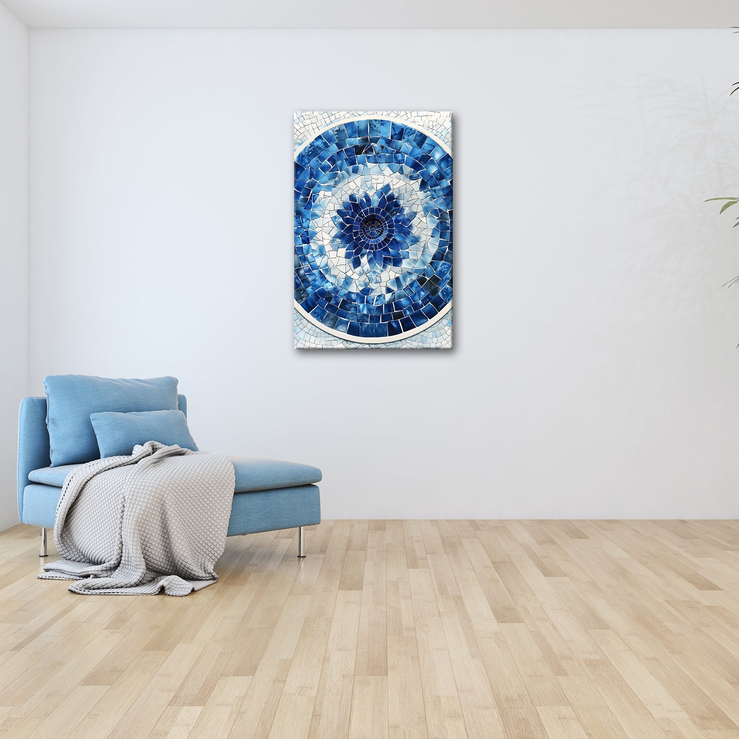 Leinwandbild Blaues Mosaik wirbelt wie eine Blume im Glasmeer. - deyoli