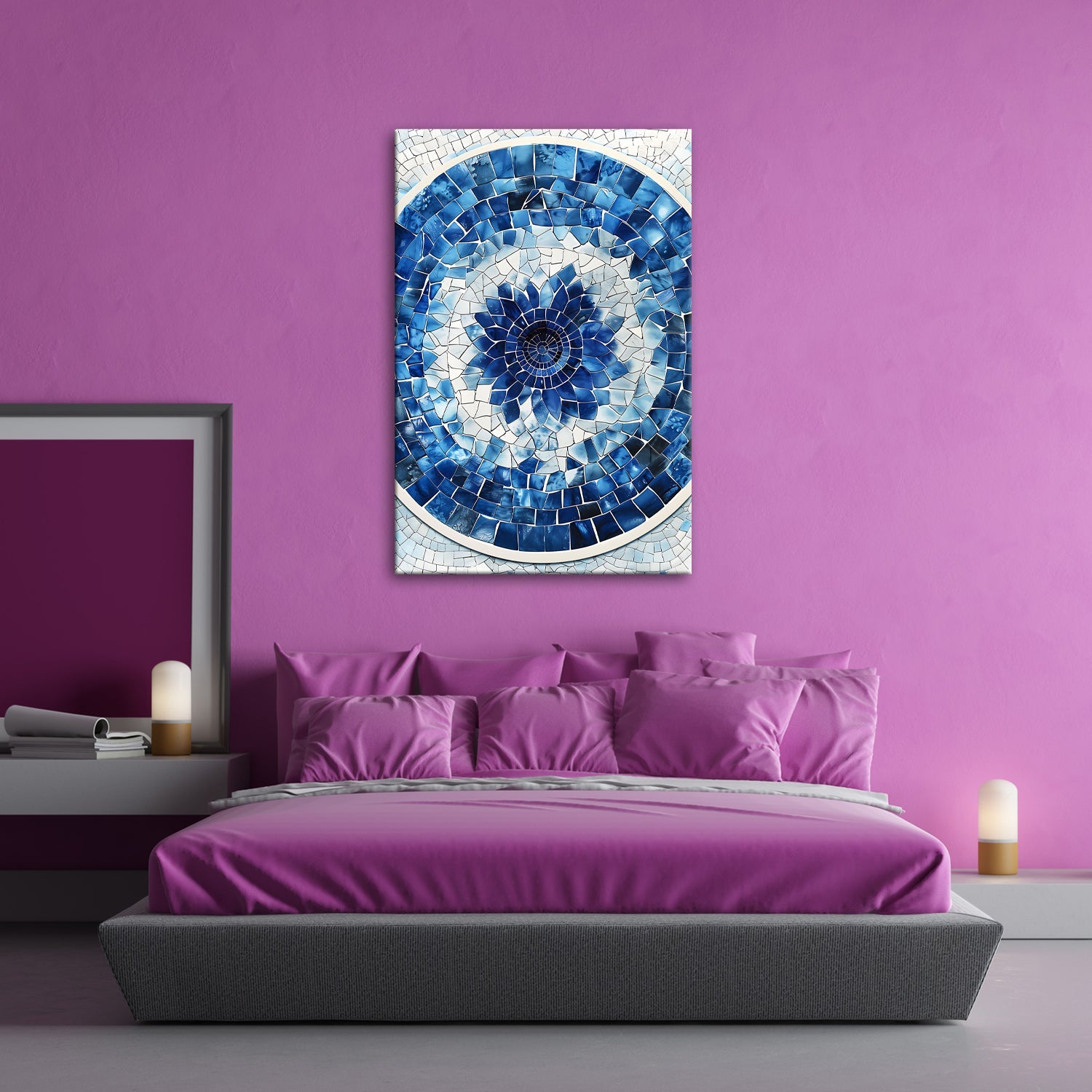 Leinwandbild Blaues Mosaik wirbelt wie eine Blume im Glasmeer. - deyoli