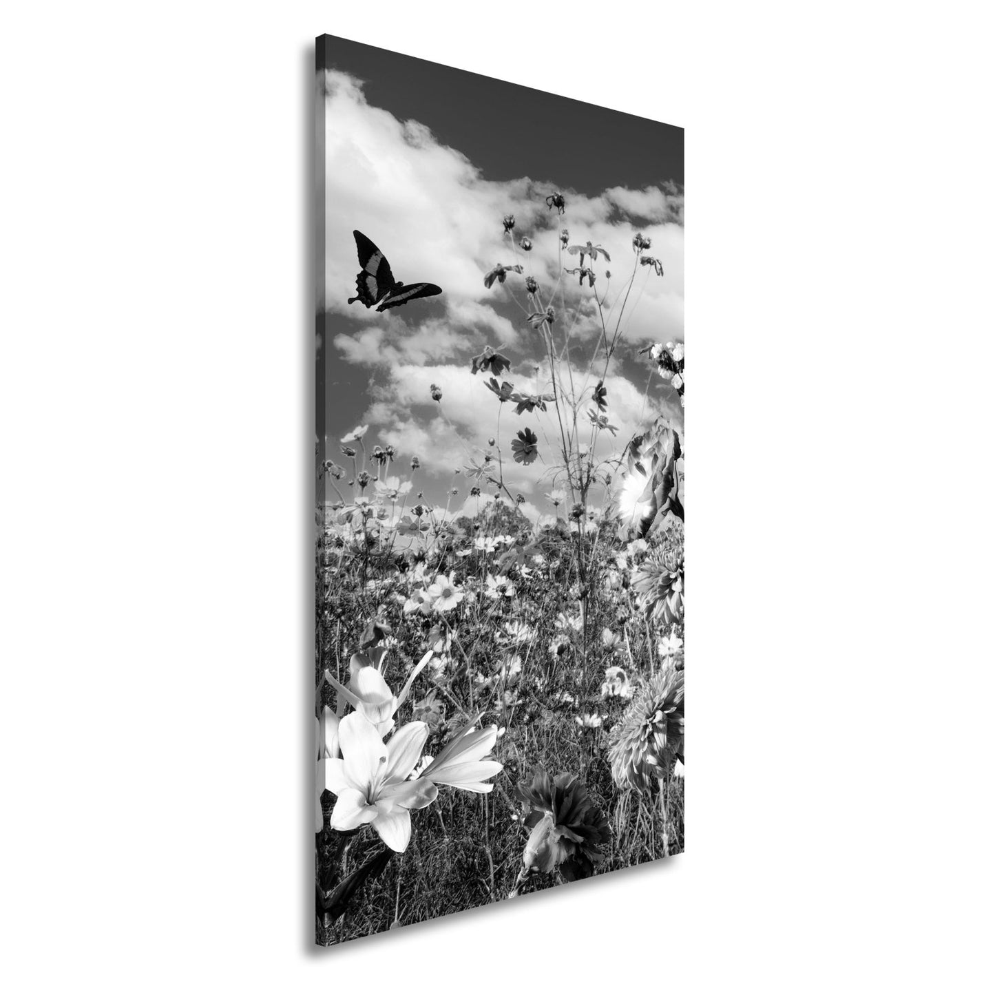 Leinwandbild Blütenmeer tanzt mit Schmetterling im Hauch des Sommers. - deyoli