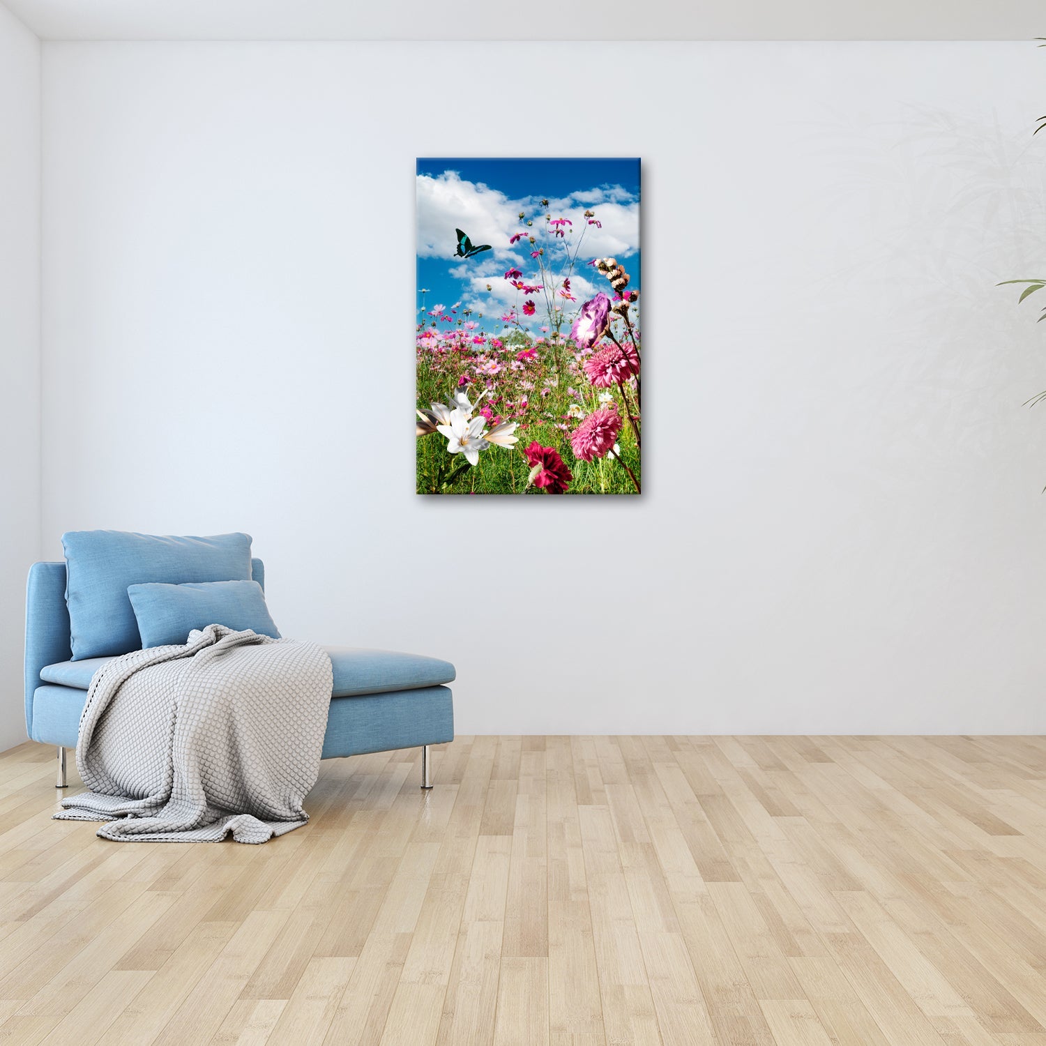 Leinwandbild Blütenmeer tanzt mit Schmetterling im Hauch des Sommers. - deyoli