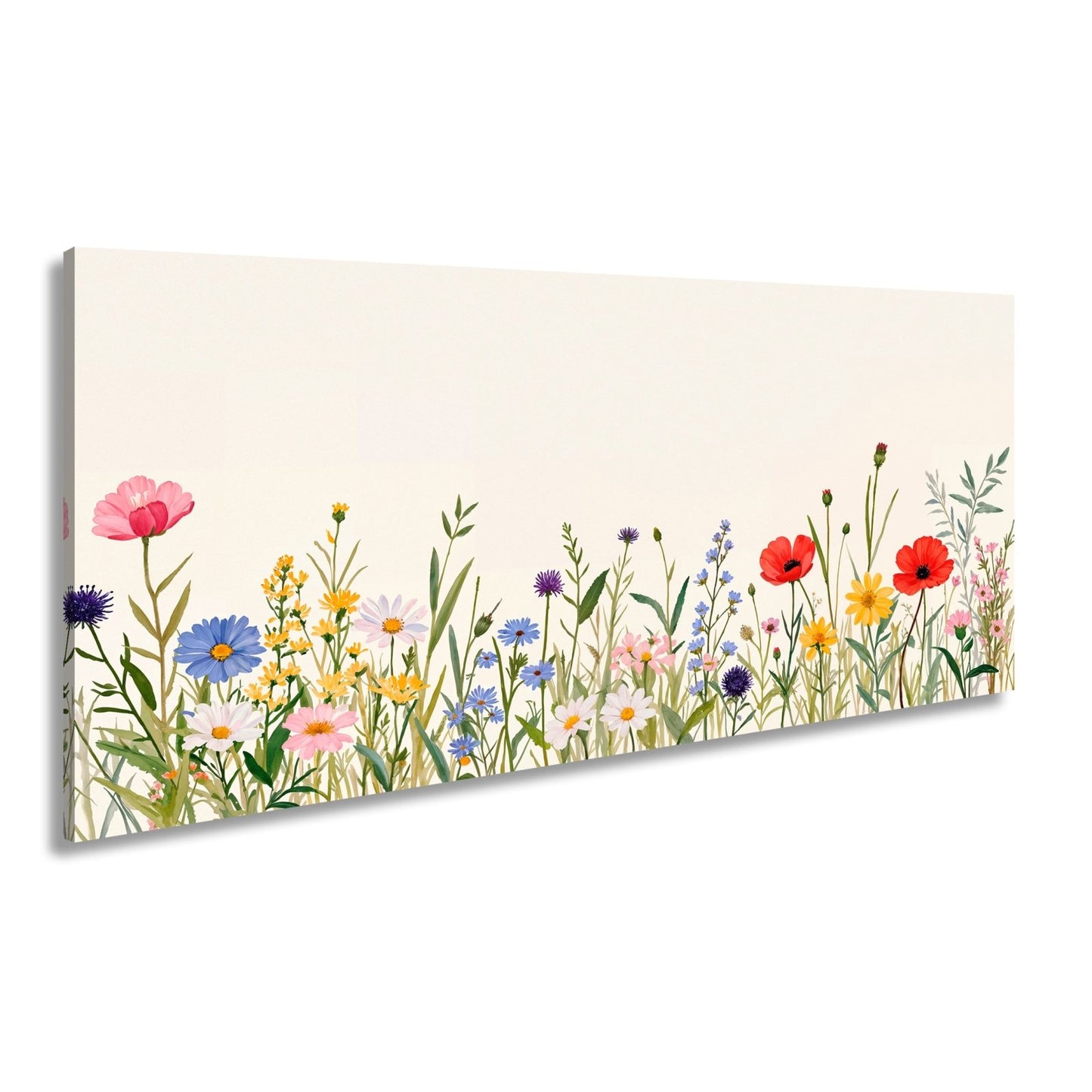 Leinwandbild Blumen tanzen zart auf hellem Grund in bunter Harmonie. - deyoli