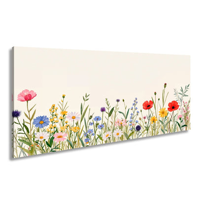 Leinwandbild Blumen tanzen zart auf hellem Grund in bunter Harmonie. - deyoli