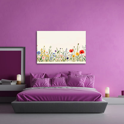 Leinwandbild Blumen tanzen zart auf hellem Grund in bunter Harmonie. - deyoli