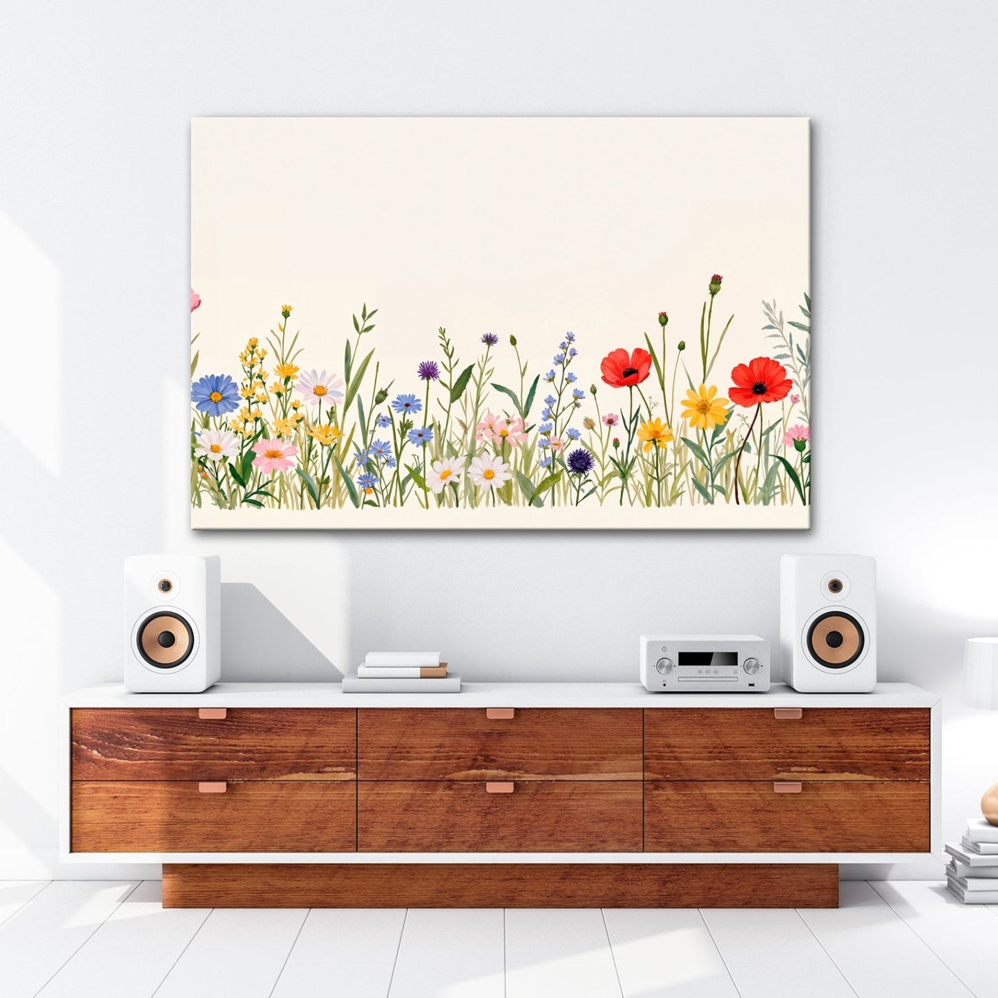 Leinwandbild Blumen tanzen zart auf hellem Grund in bunter Harmonie. - deyoli