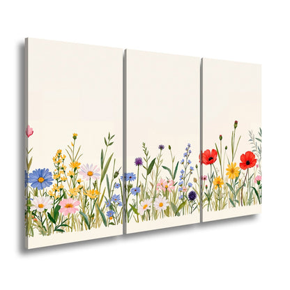 Leinwandbild Blumen tanzen zart auf hellem Grund in bunter Harmonie. - deyoli