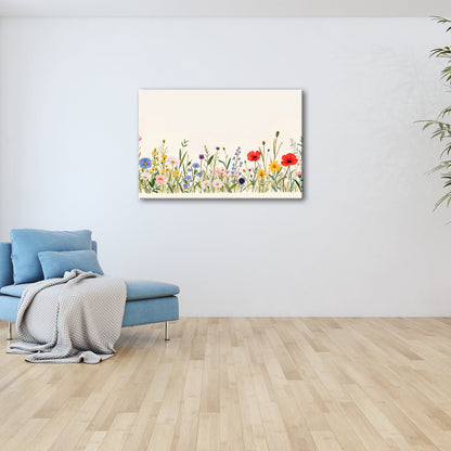 Leinwandbild Blumen tanzen zart auf hellem Grund in bunter Harmonie. - deyoli