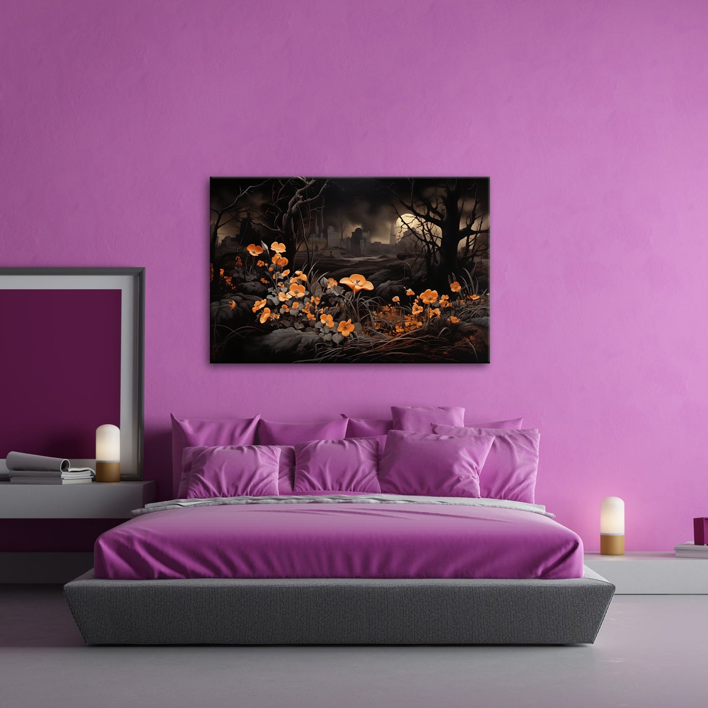 Leinwandbild Blumen XXL – Leuchtend trotzen dunkler Endzeitlandschaft - deyoli