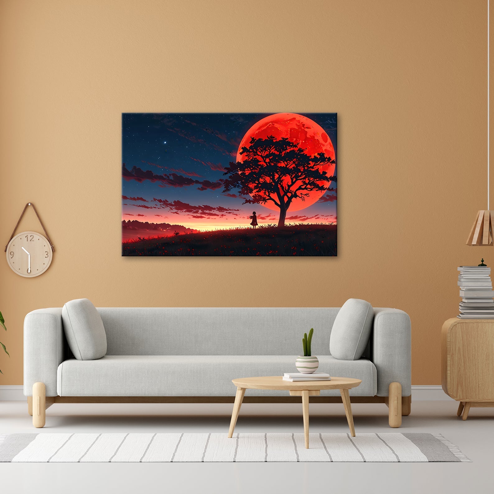 Leinwandbild Blutmond erhebt sich hinter dem Baum – ein stiller Moment. - deyoli