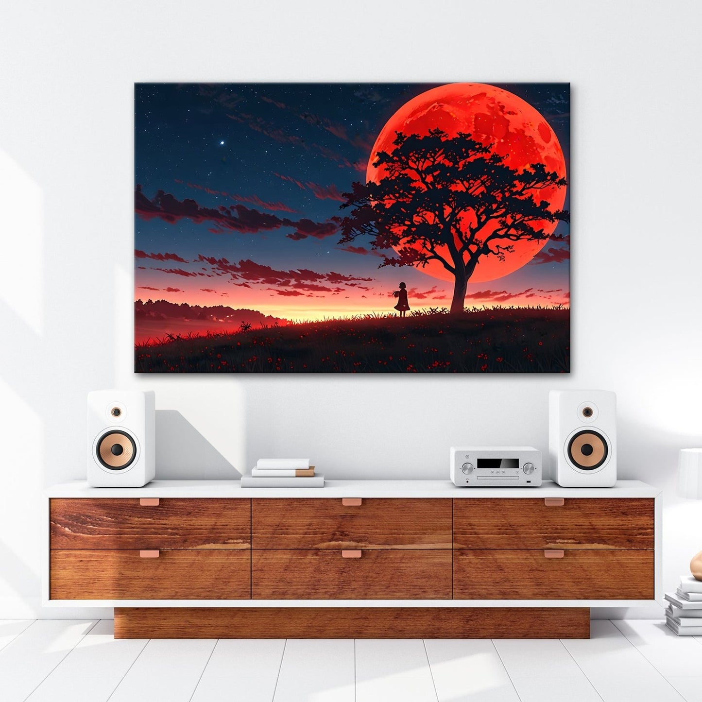 Leinwandbild Blutmond erhebt sich hinter dem Baum – ein stiller Moment. - deyoli