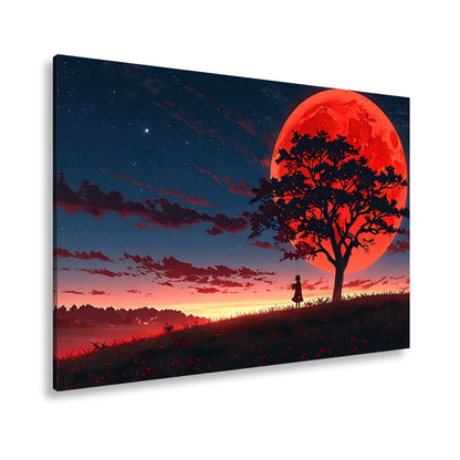 Leinwandbild Blutmond erhebt sich hinter dem Baum – ein stiller Moment. - deyoli