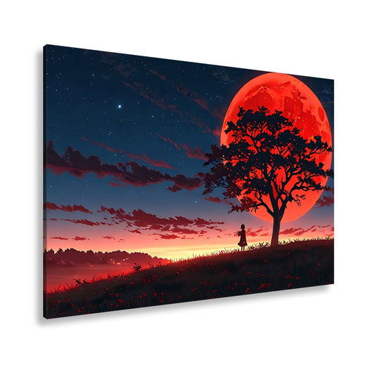 Leinwandbild Blutmond erhebt sich hinter dem Baum – ein stiller Moment. - deyoli