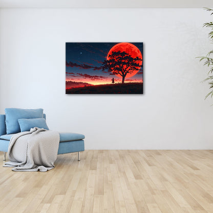 Leinwandbild Blutmond erhebt sich hinter dem Baum – ein stiller Moment. - deyoli