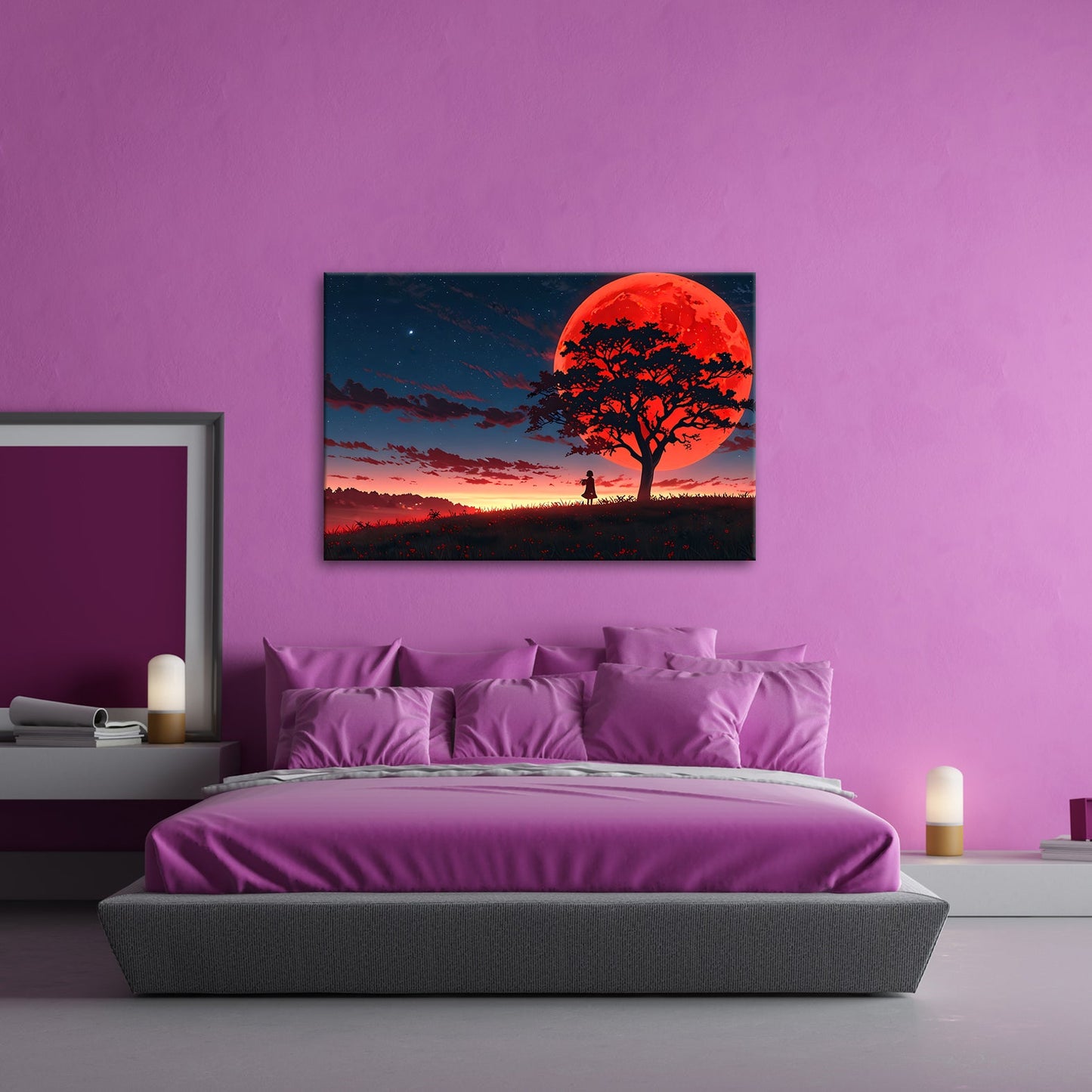 Leinwandbild Blutmond erhebt sich hinter dem Baum – ein stiller Moment. - deyoli
