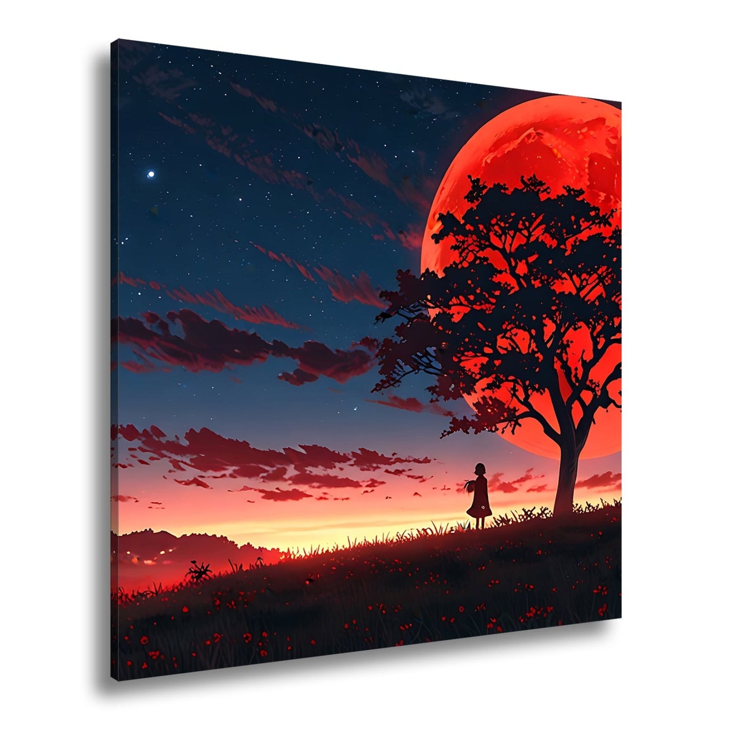 Leinwandbild Blutmond erhebt sich hinter dem Baum – ein stiller Moment. - deyoli