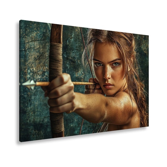 Leinwandbild Bogenschützin XXL – Fokussiert mit unerschütterlichem Blick - deyoli