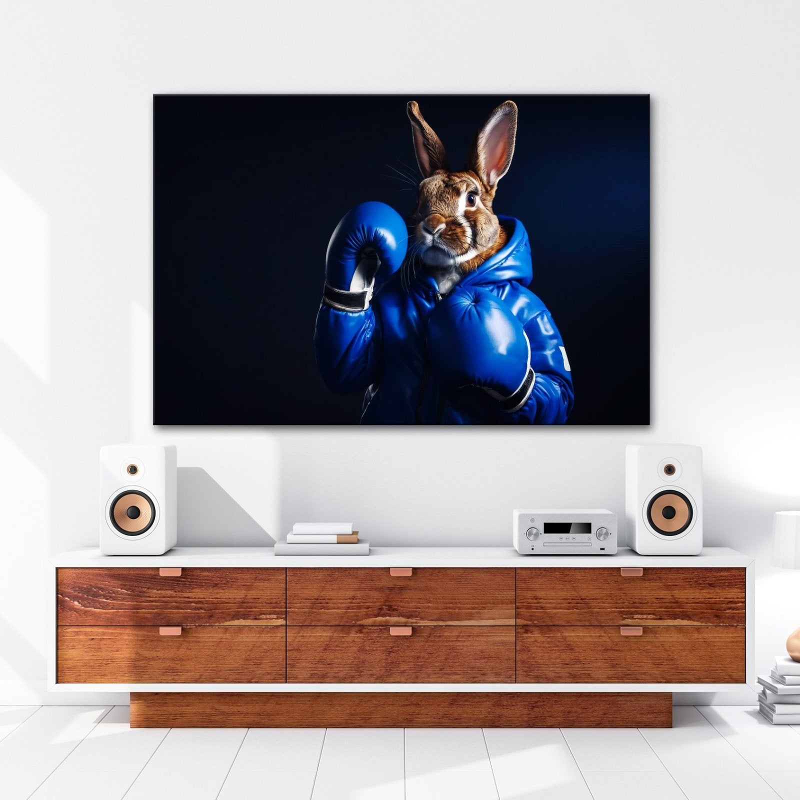 Leinwandbild Boxer - Hase in Blau – süß, stark und siegessicher. - deyoli