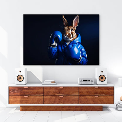Leinwandbild Boxer - Hase in Blau – süß, stark und siegessicher. - deyoli