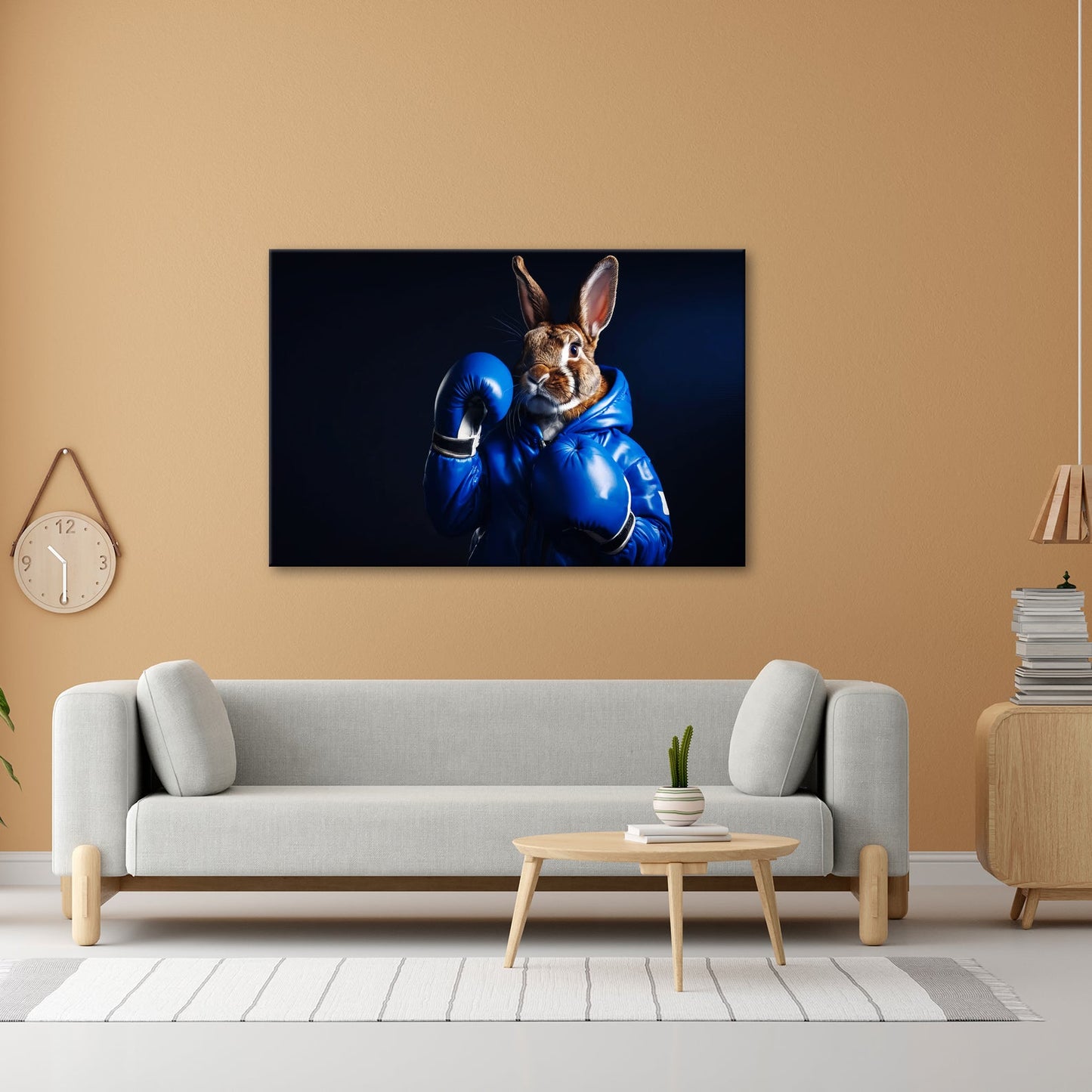Leinwandbild Boxer - Hase in Blau – süß, stark und siegessicher. - deyoli