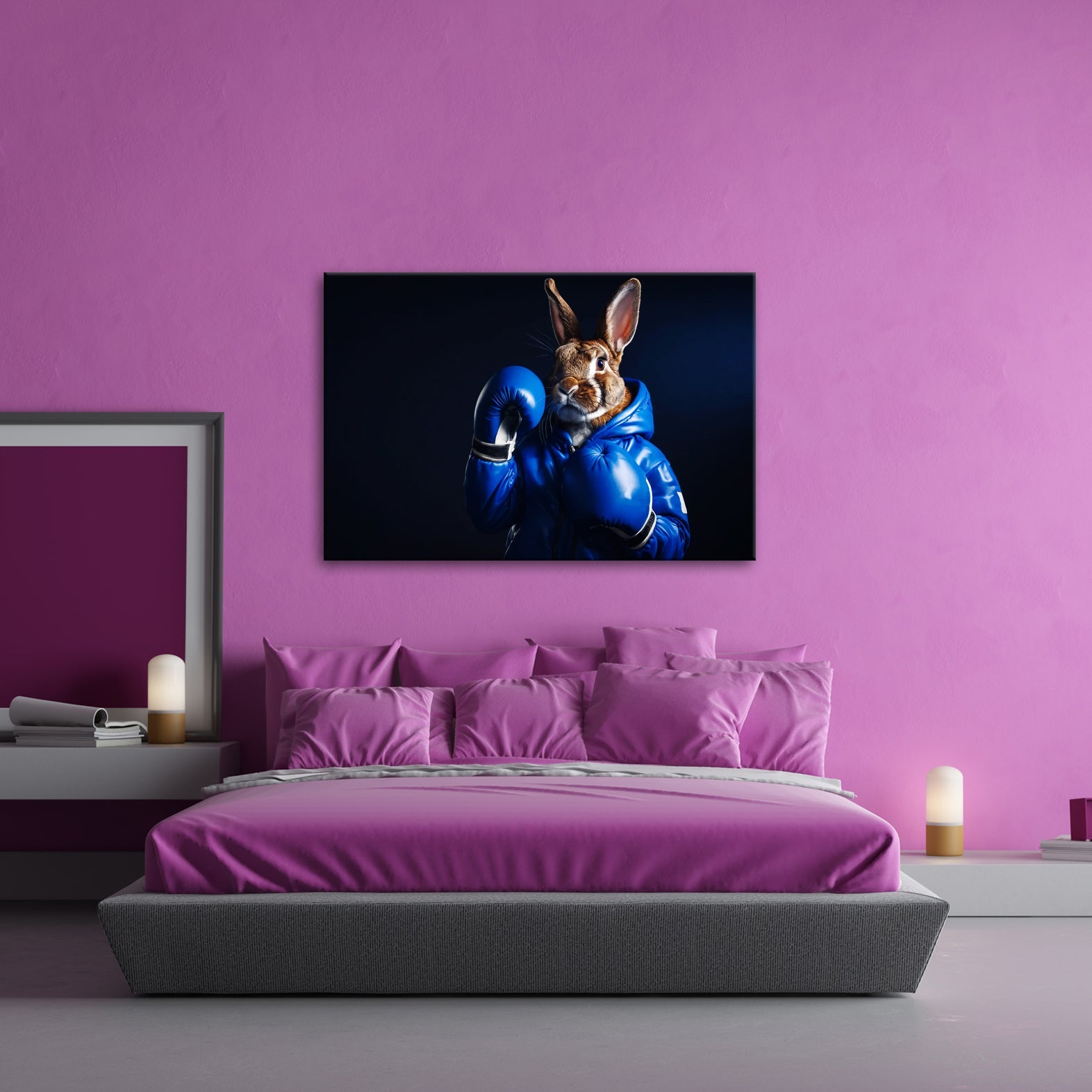 Leinwandbild Boxer - Hase in Blau – süß, stark und siegessicher. - deyoli