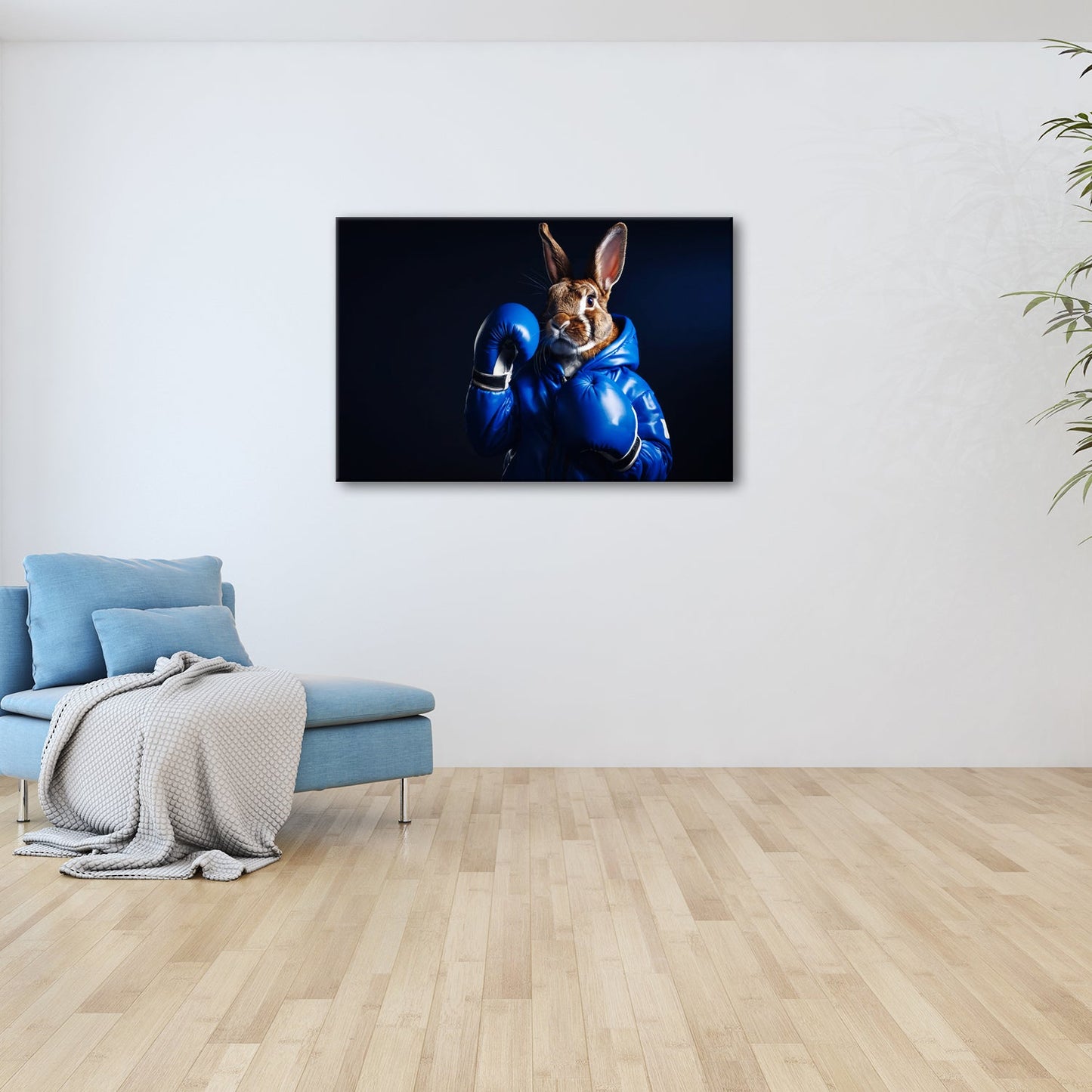 Leinwandbild Boxer - Hase in Blau – süß, stark und siegessicher. - deyoli