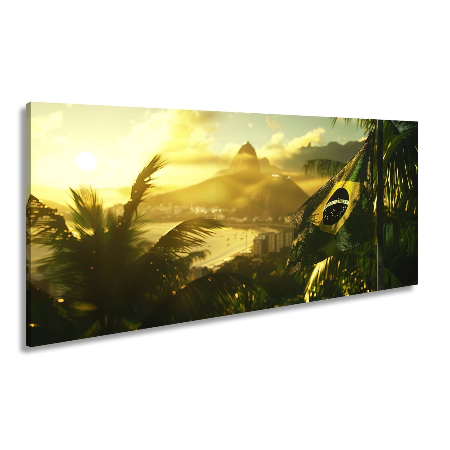 Leinwandbild Brasilien XXL – Flagge im goldenen Licht über Rio de Janeiro - deyoli