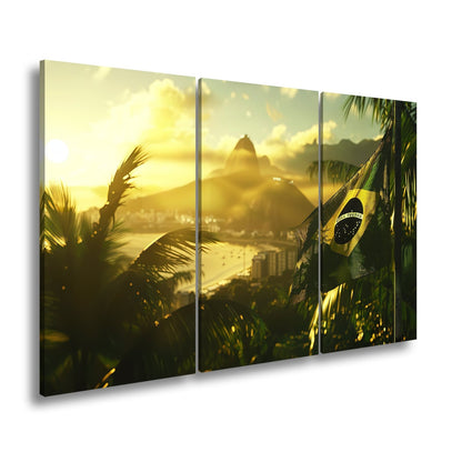 Leinwandbild Brasilien XXL – Flagge im goldenen Licht über Rio de Janeiro - deyoli