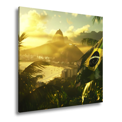 Leinwandbild Brasilien XXL – Flagge im goldenen Licht über Rio de Janeiro - deyoli